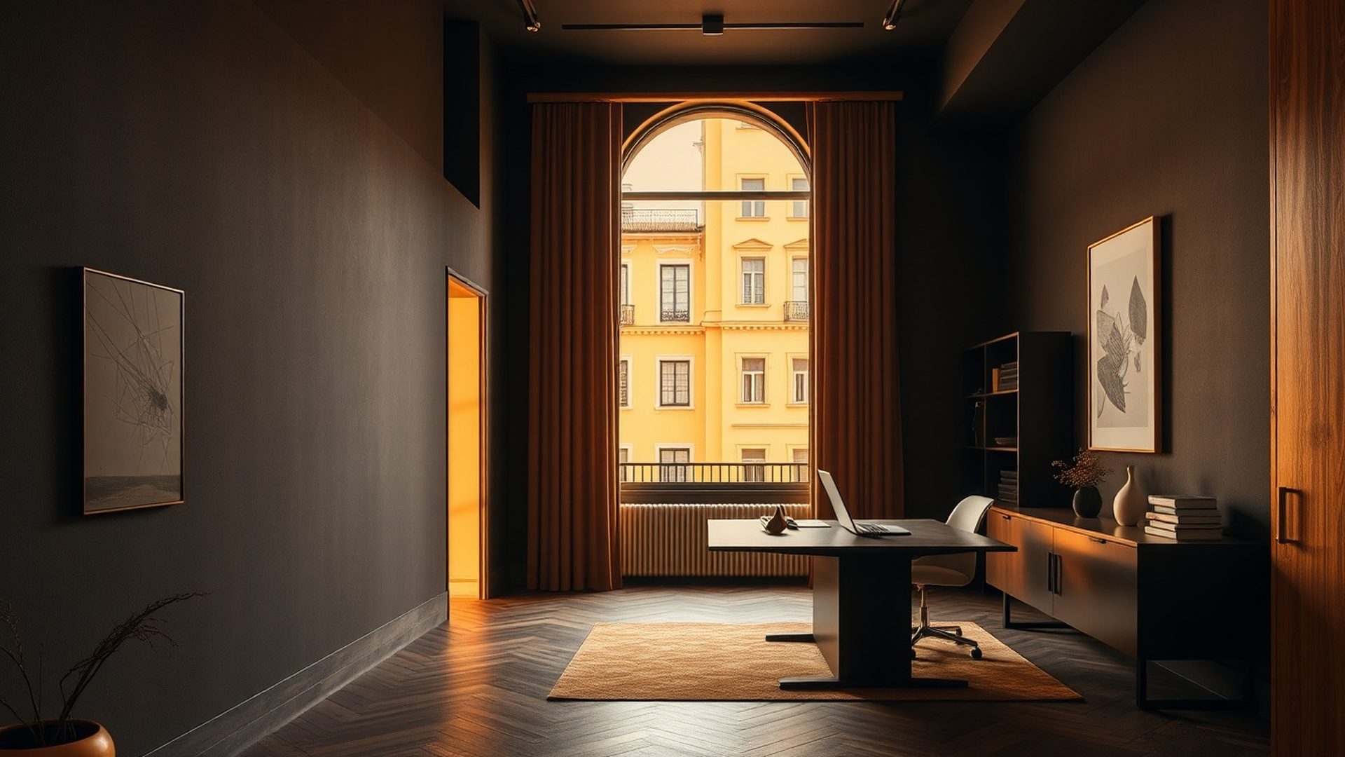 Interior de birou modern din Sibiu, cu tonuri de cărbune și accente aurii